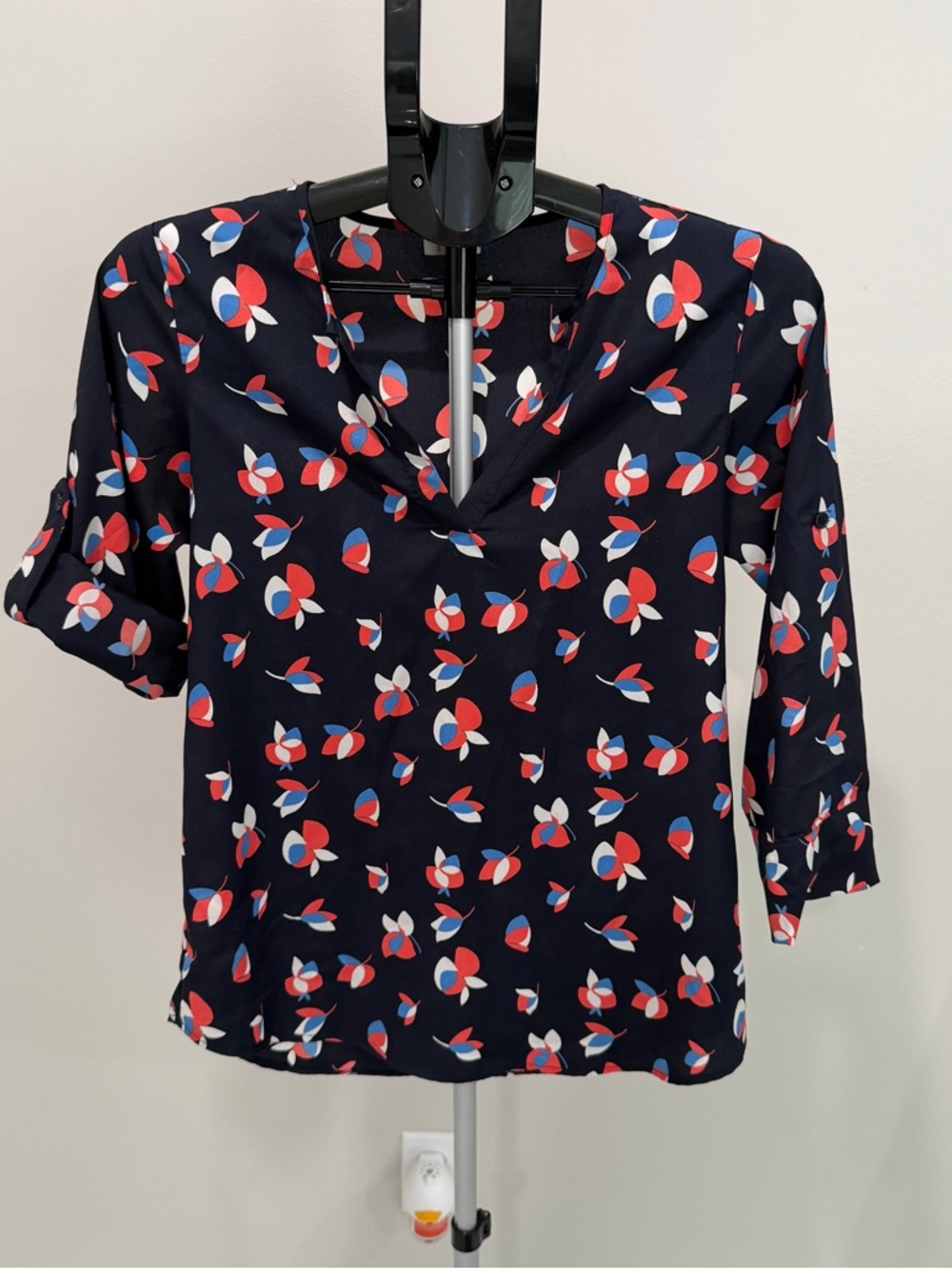 Women's Navy Floral Print V-Neck Top - Coral, Blue & White Accents
